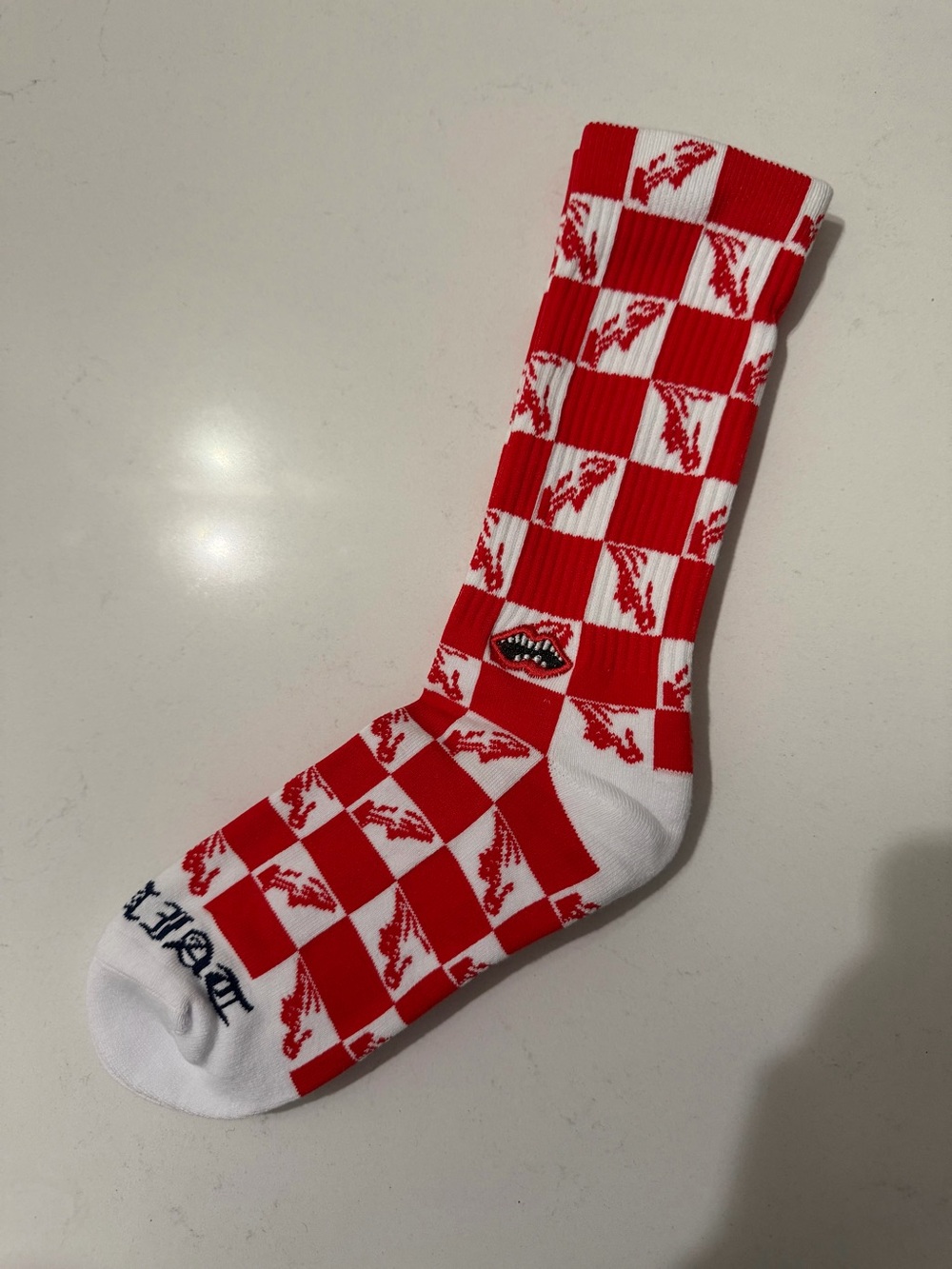 Chrome Hearts Red and White Checkerboard Crew Socks with Lip Motif